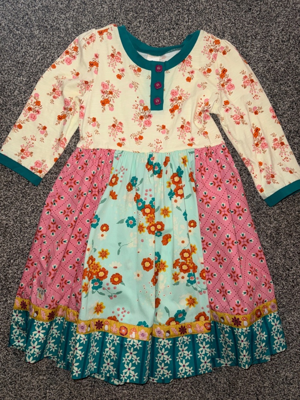 Wildflowers Floral Patchwork Long-Sleeve Dress - Cream, Pink & Teal